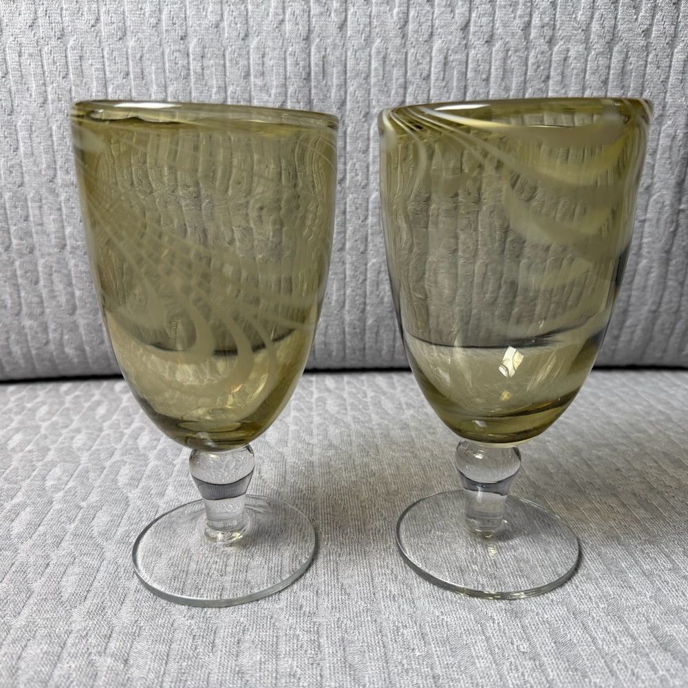 Vintage Green Swirl Patterned Glass Goblets, Pedestal